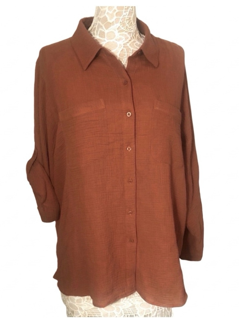 Calvin Klein 100% cotton Roll-tab sleeves button up top Rust 1X